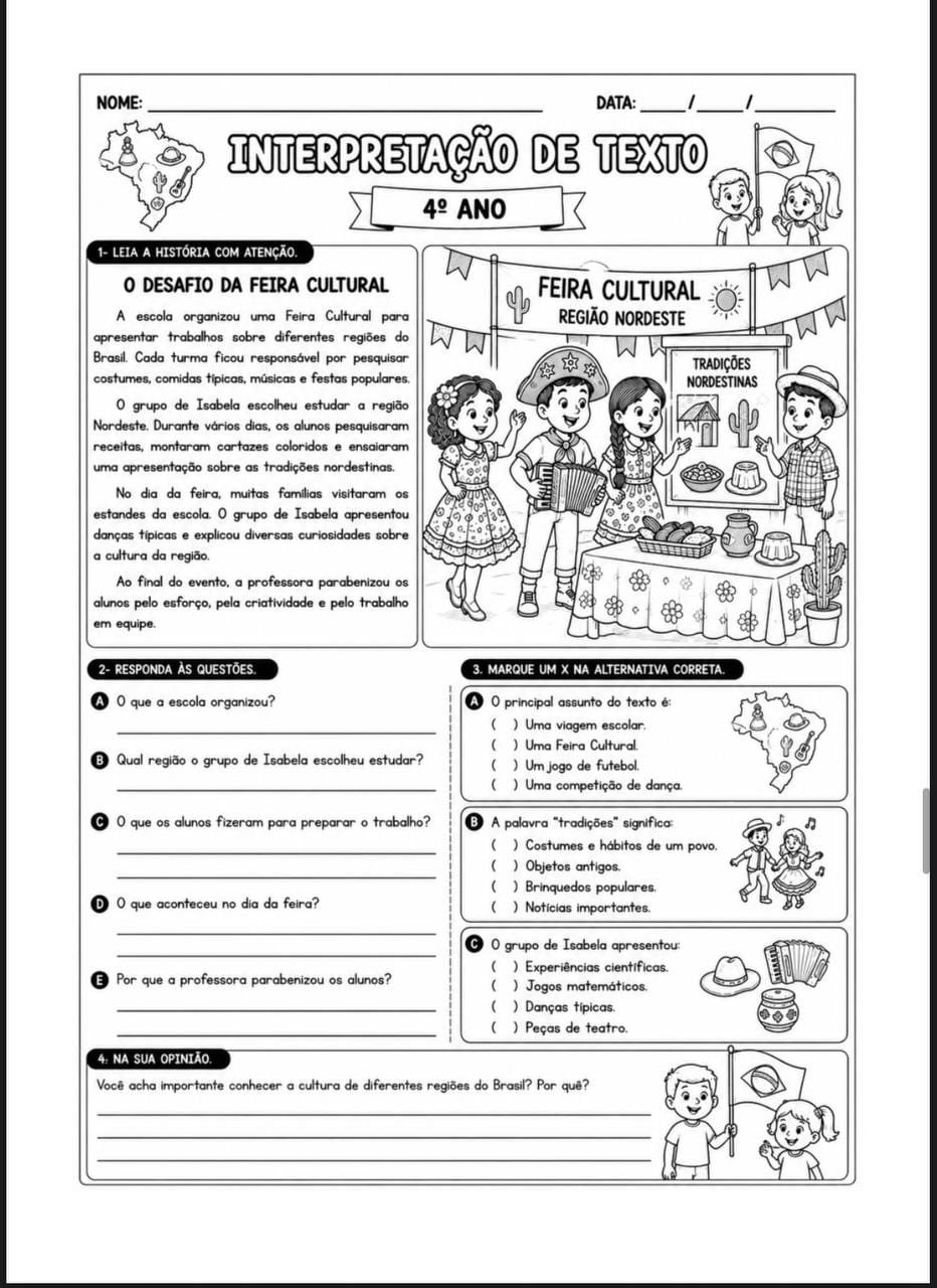 Atividade de interpretação de texto - 4º ano